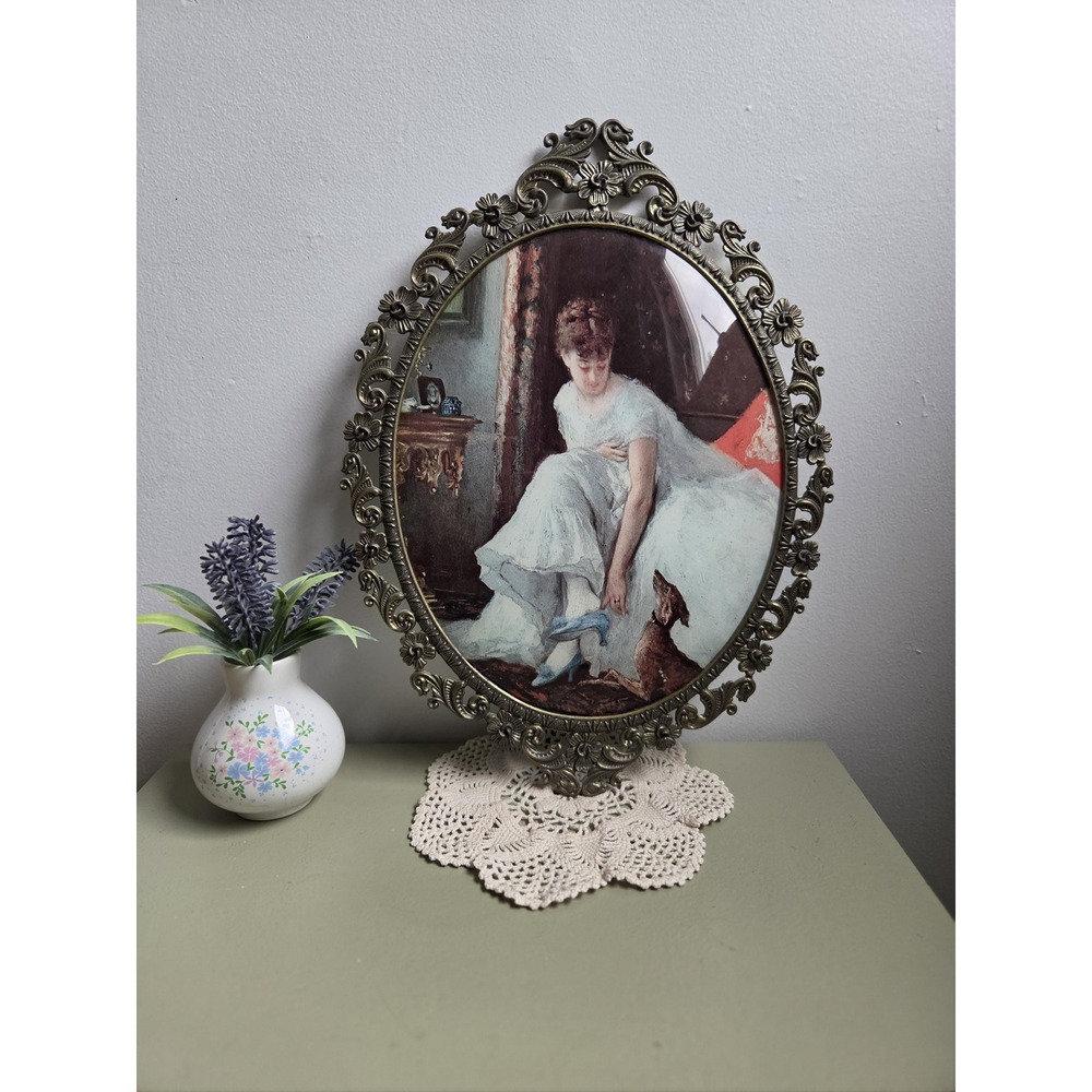 Vintage Ornate Oval Metal Frame Lady & Dog Portrait Convex Glass